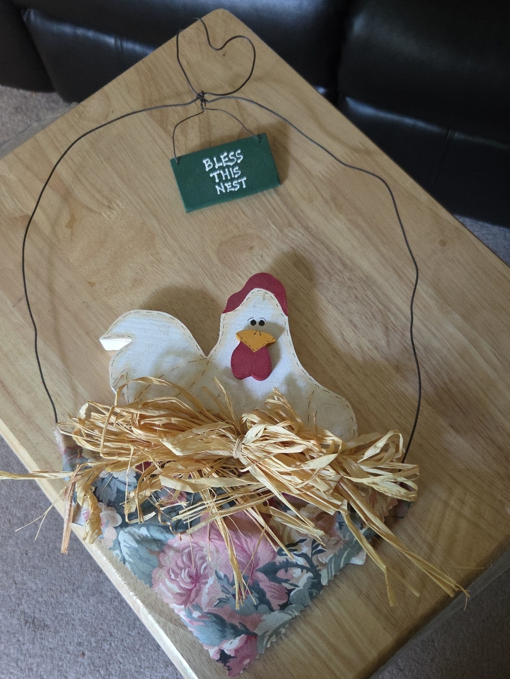 White Hen Wall Hanging with Green 'Bless This Nest' Sign
